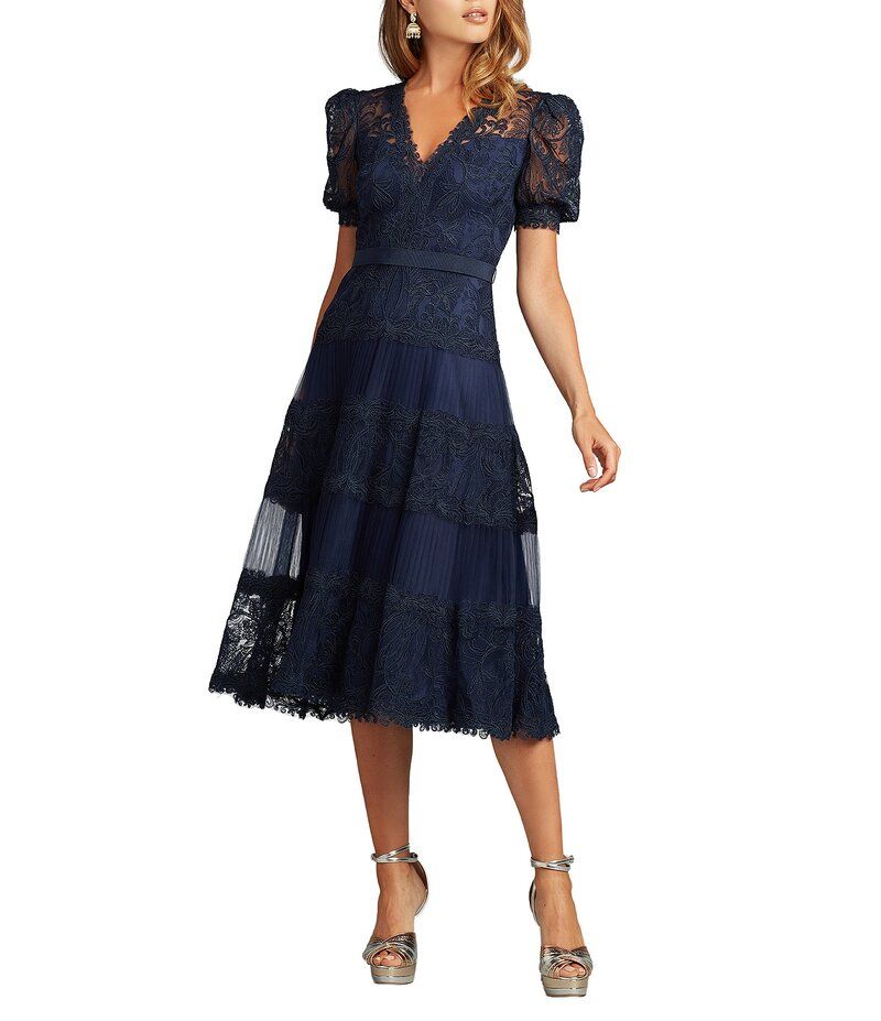 タダシショージ レディース トップス ワンピース ミディワンピース ミディ レース Tadashi Shoji Short Sleeve Lace Midi Dress Royal Navy ネイビー