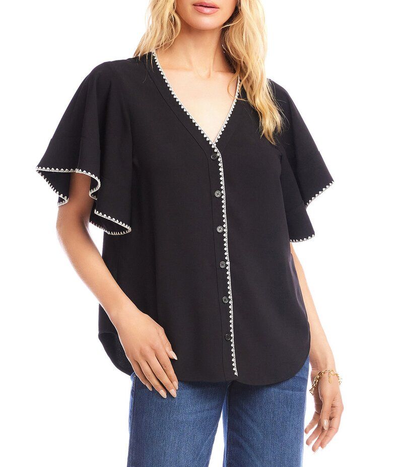 カレンケーン レディース トップス シャツ Karen Kane Flutter Sleeve Edge Stitch Butt Front Top BlackCream クリーム