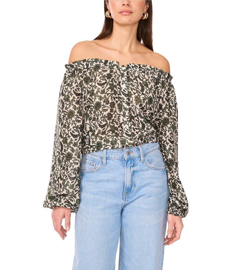 ヴィンスカムート レディース トップス シャツ プリント ブラウス Vince Camuto Printed OffTheShoulder Long Sleeve Button Front Blouse Dark Green グリーン