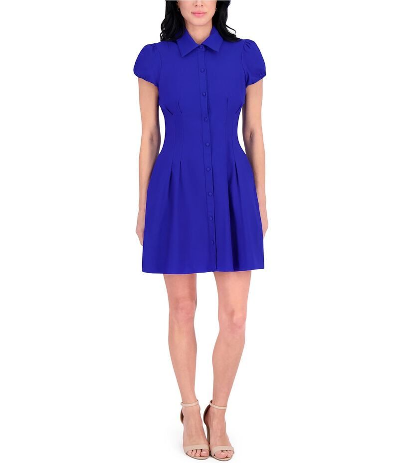 ケンジー レディース トップス ワンピース シャツワンピース シャツ Kensie Short Puffed Sleeve Fit and Flare Shirt Dress Cobalt コバルト