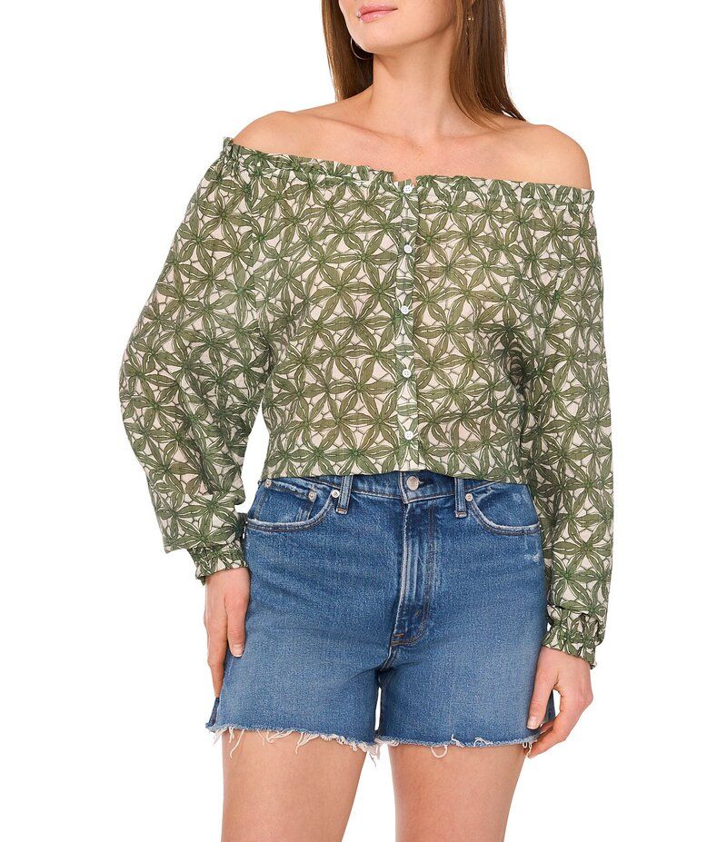 ヴィンスカムート レディース トップス シャツ プリント ブラウス Vince Camuto Woven Printed OffTheShoulder Long Sleeve Button Front Blouse Dark Green グリーン