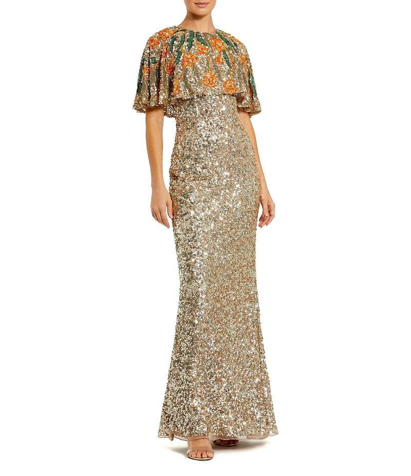 マックダガル レディース トップス ワンピース クルーネック フラワー柄 メッシュ フラワー Mac Duggal Gold Embellished Mesh Crew Neck Beaded Floral Shawl Mermaid Gown Gold Mu