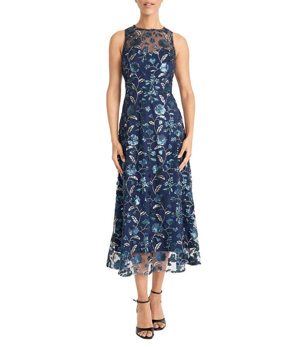 マギーロンドン レディース トップス ワンピース A ライン メッシュ ミディ スパンコール ノースリーブ 刺繍 Maggy London Illusioneck Sleeveless Embroidered Sequined Mesh ALine Midi