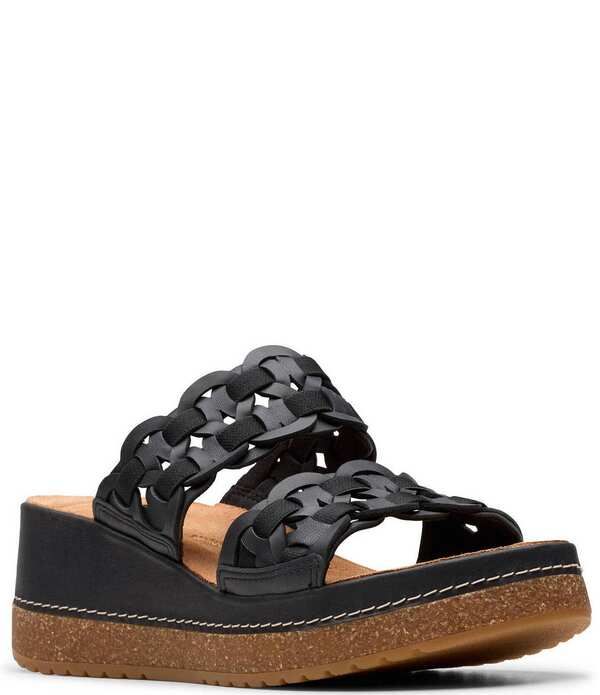 クラークス レディース シューズ サンダル レザー Clarks Artisan Kassanda Mule Woven Leather Wedge Slide Sandals Black Combination ブラック