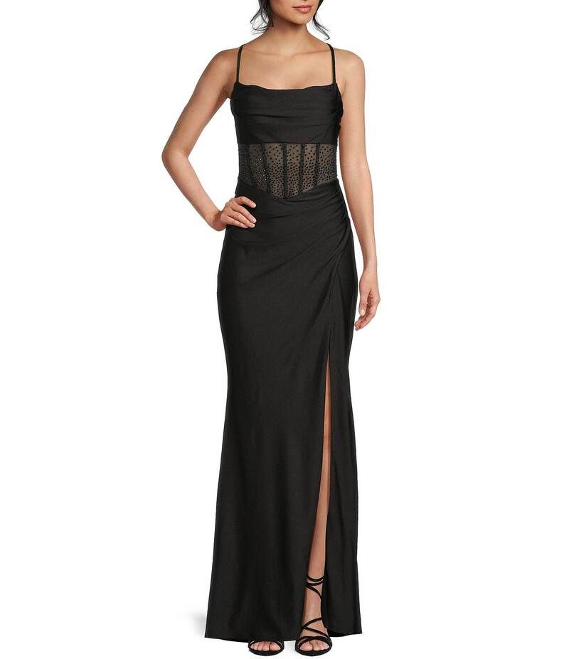 ビーダーリン レディース トップス ワンピース フロントスリット B Darlin Cowl Neck Spaghetti Strap Rhinestone Illusion Corset Bodice Front Slit Dress Black ブラック