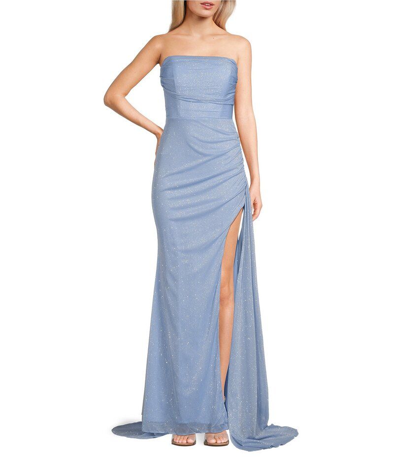 ジャンプ レディース トップス ワンピース ストラップレス レース Jump Glitter Strapless Lace Up Back Side Sash Gown Light Blue ブルー