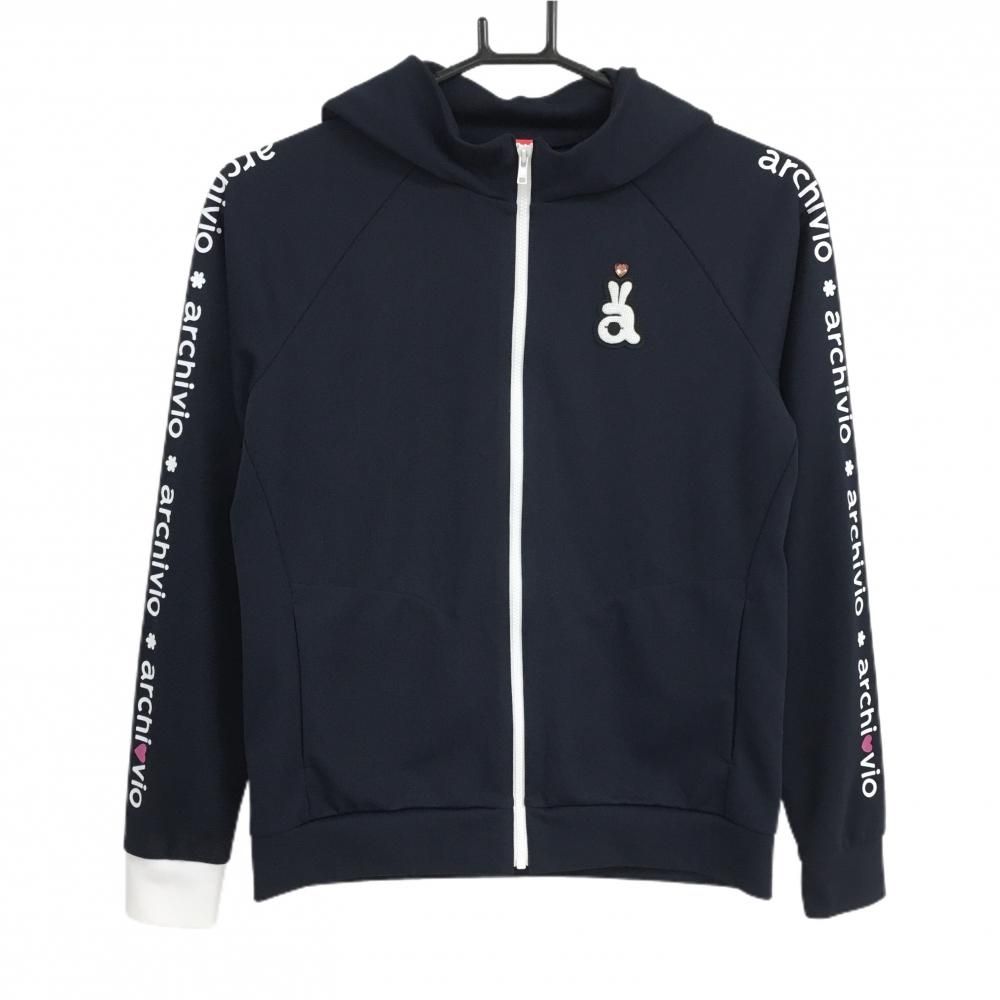 【美品】アルチビオ ジップパーカー ネイビー×白 袖英字ロゴライン レディース 38(M) ゴルフウェア archivio