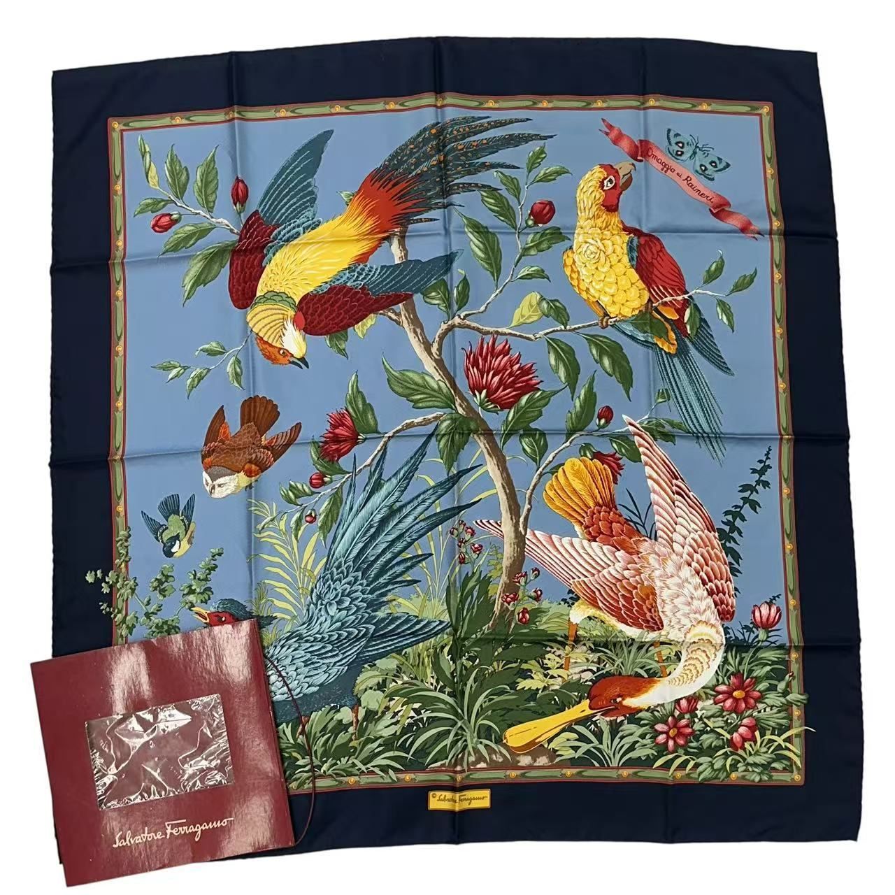 未使用品 Salvatore Ferragamo サルヴァトーレ フェラガモ スカーフ 鳥 葉柄 シルク マルチカラー 箱付き 14,538円