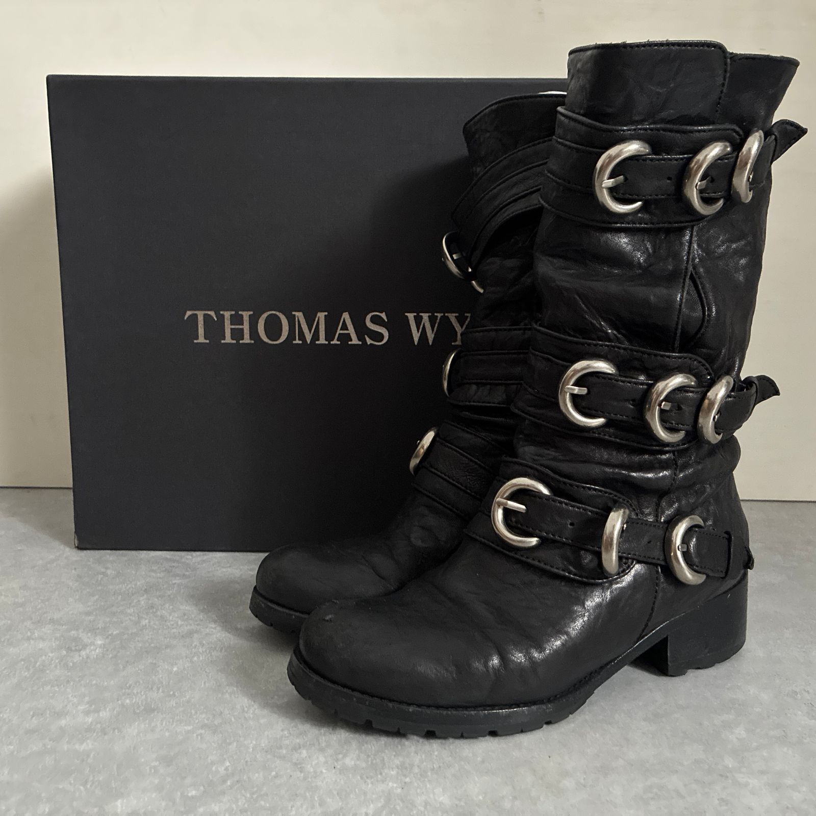 定価18万 THOMAS WYLDE ブラックラムレザー 重厚ベルト ストラップ ロング ウエスタン ブーツ トーマスワイルド 22㎝