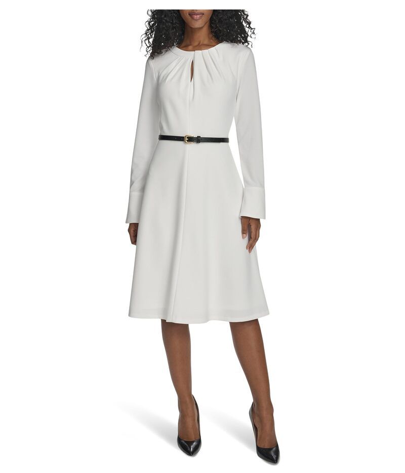 カルバンクライン レディース トップス ワンピース クレープ スキューバ Calvin Klein Long Sleeve Scuba Crepe Belted Alne Cream クリーム