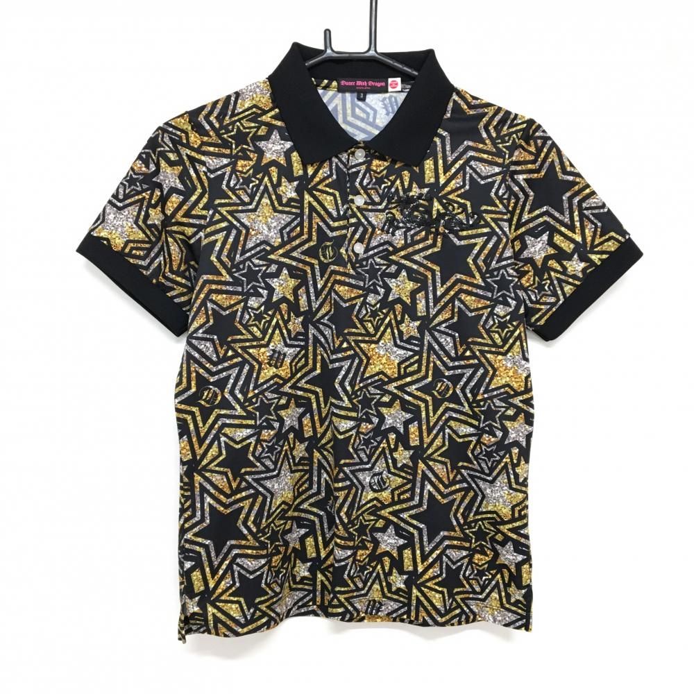 【超美品】ダンスウィズドラゴン 半袖ポロシャツ 黒×イエロー 星柄 スパンコールロゴ レディース 3(L) ゴルフウェア Dance With Dragon