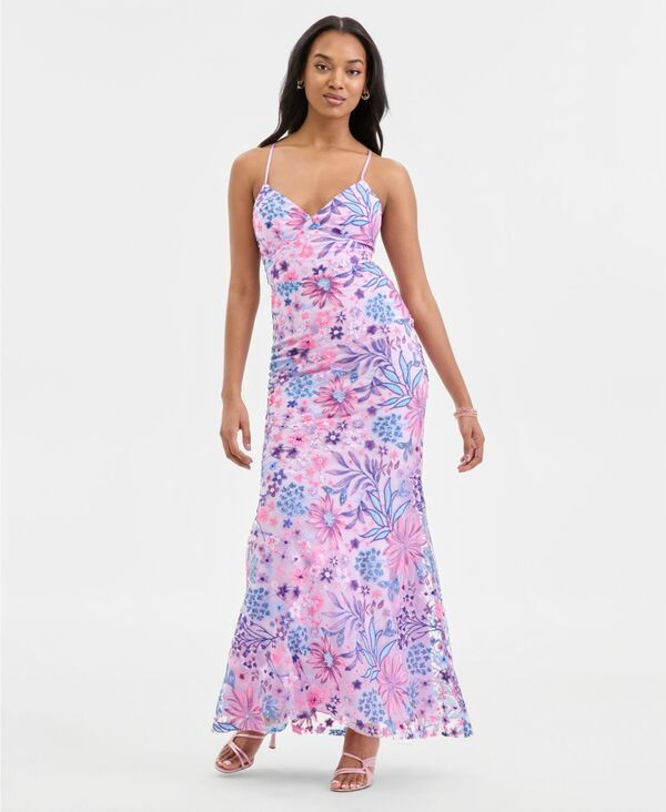シティー スタジオ レディース トップス ワンピース フラワー柄 スパンコール フラワー City Studios Juniors FloralSequinned Eveningown Created for Macys PINKPURPLE ピンク