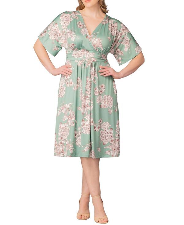キヨナ レディース トップス ワンピース A ライン プラスサイズ ミディ Kiyonna Plusize GiaLine Midi Dress with Pocketsage garden print セージ