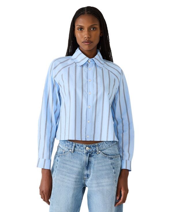 スティーブ マデン レディース トップス シャツ 長袖 Steve Madden Womens Tess LongSleeve Shirt Light Blue And Navy Stripe ネイビー