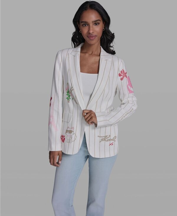 カール ラガーフェルド レディース アウター ジャケット・ブルゾン 刺繍 ブレザー リネン KARLAGERFELD PARIS Womenstriped LinenBlend Embroidered OneButton Blazer Soft Whitefr