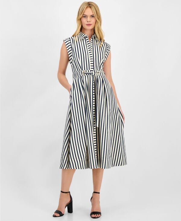 サムエデルマン レディース トップス シャツ ミディ Sam Edelman Womenstriped Belted Midi Shirtdress Navy White ホワイト