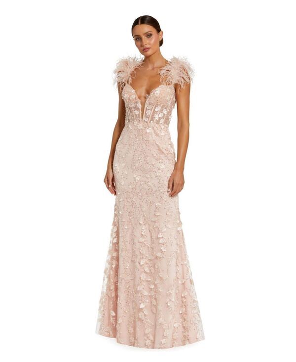 マックダガル レディース トップス ワンピース シアー Mac Duggal Womensheer Applique Bustier Gown with Feather Straps Peach ピーチ