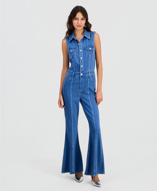 ゲス レディース トップス ジャンプスーツ ノースリーブ デニム GUESS Womens Harlo Sleeveless FlaredLeg Denim Jumpsuit Cool Current デニム