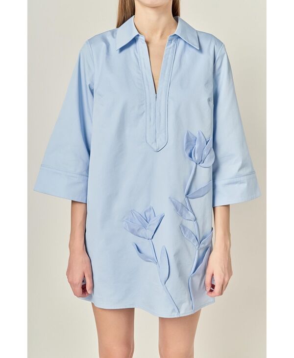 イングリッシュファクトリー レディース トップス シャツ ミニワンピース ミニ English Factory Womens Appliqued Striped Shirt Mini Dress Powder blue ブルー