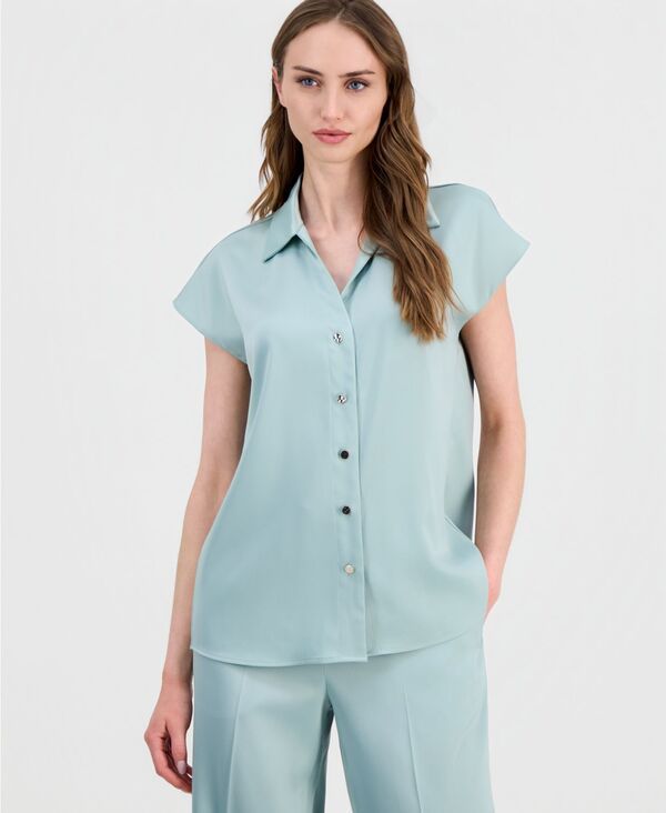 アンクライン レディース トップス シャツ プリーツ キャップスリーブ キャップ Anne Klein Womens CapSleeve PleatedBack Shirt Soft Aloe