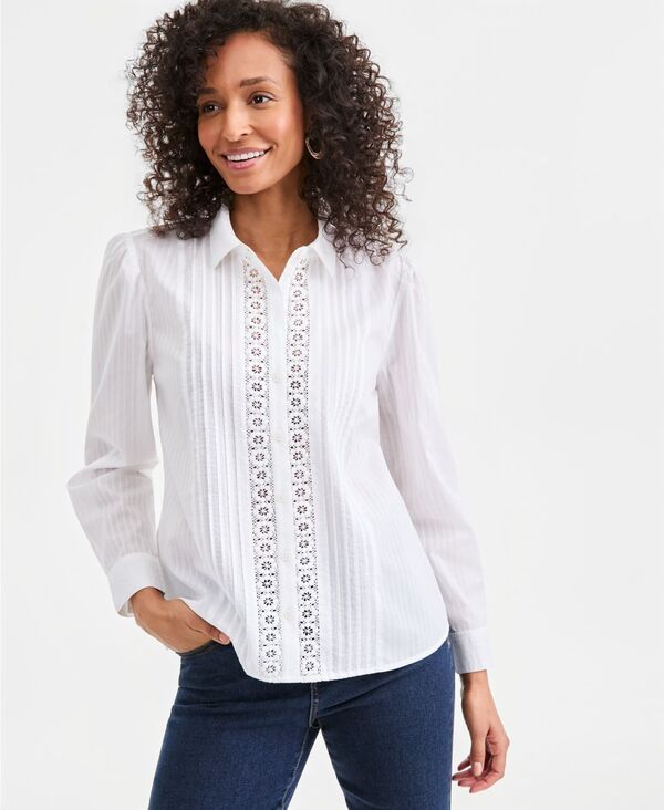 スタイルアンドコー レディース トップス シャツ プリーツ コットン ブラウス レース Style Co Womens Cotton Pleated LaceTrim Blouse Macys Exclusive Bright White ホワイト