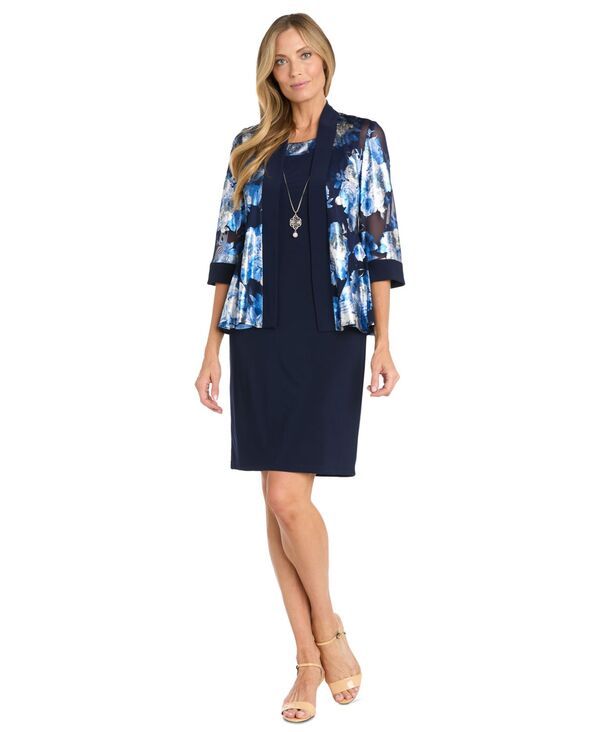 アールアンドエムリチャーズ レディース トップス ワンピース フラワー柄 トール フラワー ジャケット R M Richards Womens 2Pc MetallicFloral Jacket Sheath Dress Navysilve ネイビー