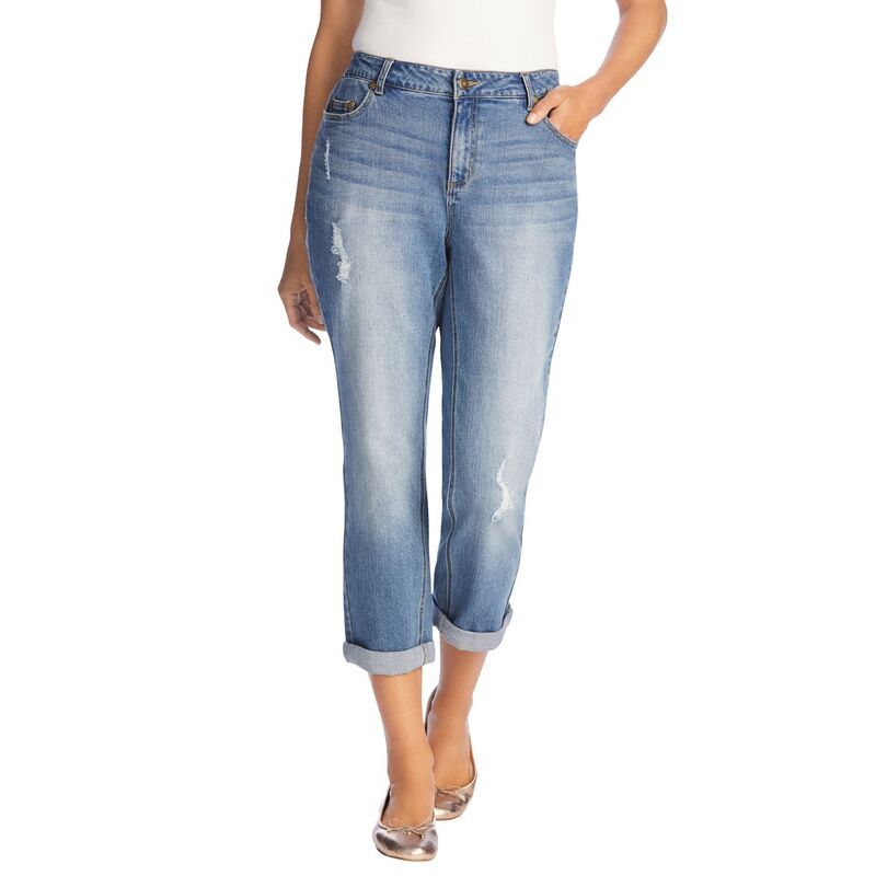 ウーマン ウィズイン レディース ボトムス デニムパンツ プラスサイズ ジーンズ Woman Within Plusize Stretch Denim FivePocket Girlfriend Jeans Distressed デニム