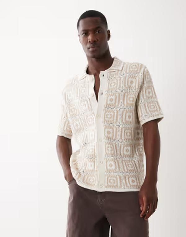 オンリーアンドサンズ メンズ トップス シャツ ONLY SONS crochet shirt in cream Egret クリーム