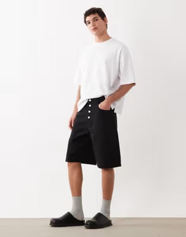 エイソス メンズ ボトムス ハーフパンツ・ショーツ ASOS DESIGN longer length jorts twill with exposed buttons Black ブラック