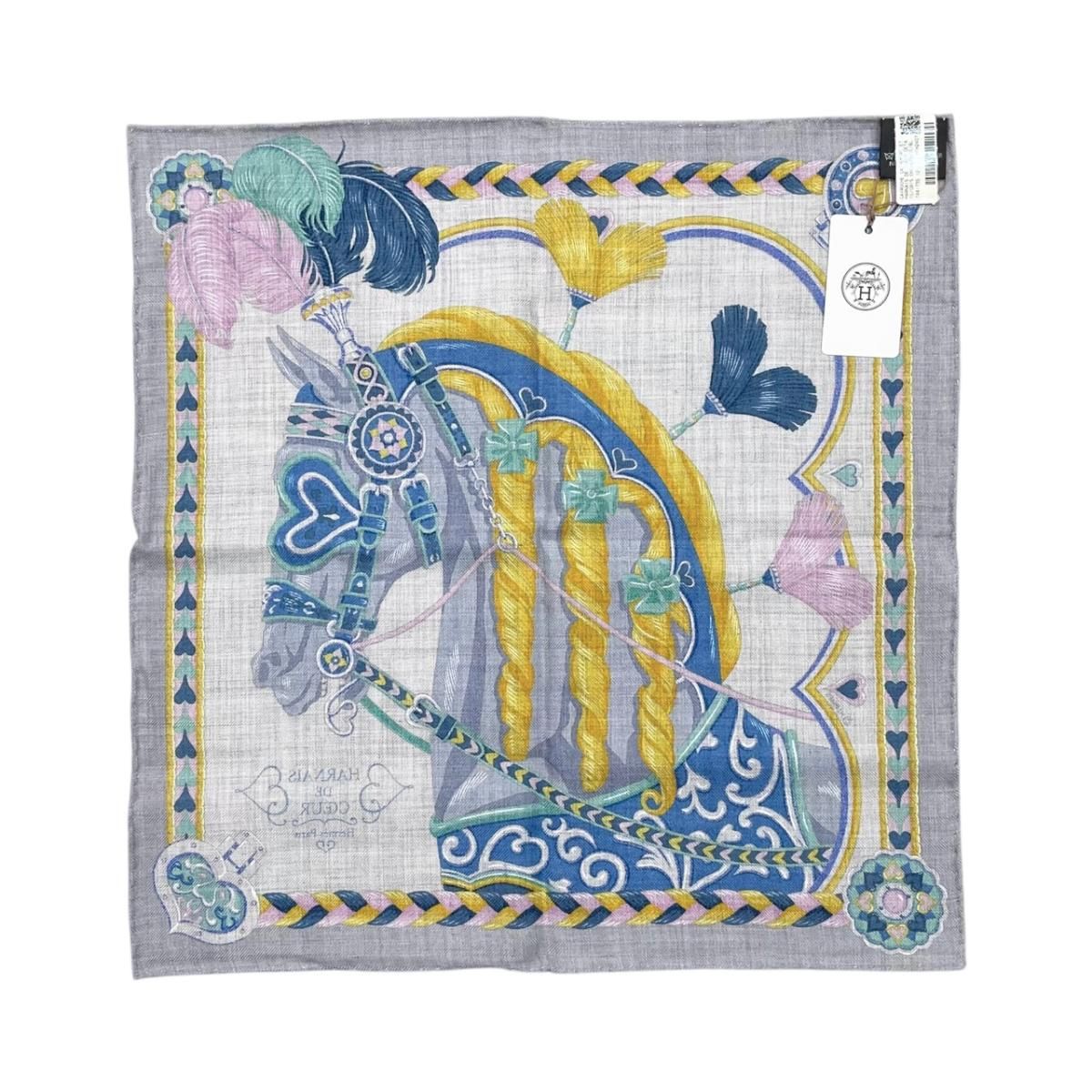 ☆エルメス スカーフ カレ ガヴロッシュ45 アルネ・ドゥ・クール H744173S 12 カシミヤ シルク グリシーヌ ローズ ブルー Harnais de Coeur HERMES