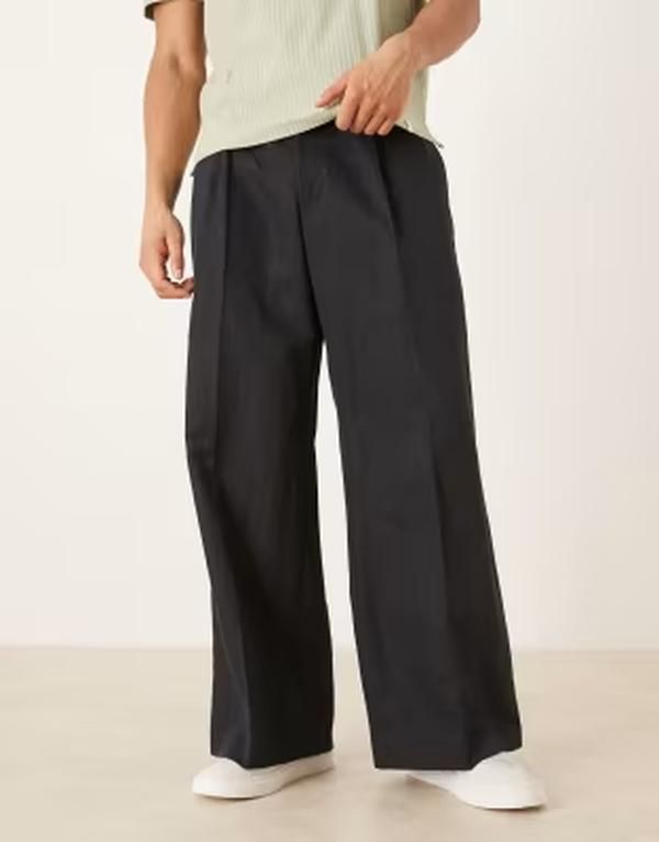 エイソス メンズ ボトムス カジュアルパンツ プリーツ リネン ASOS DESIGN pleated linen rich loose leg dress pants Black ブラック