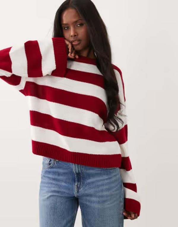 エイソス レディース アウター ニット・セーター ASOS DESIGN boxy fit knit sweater and ecru wide stripes Red ecru エクリュ
