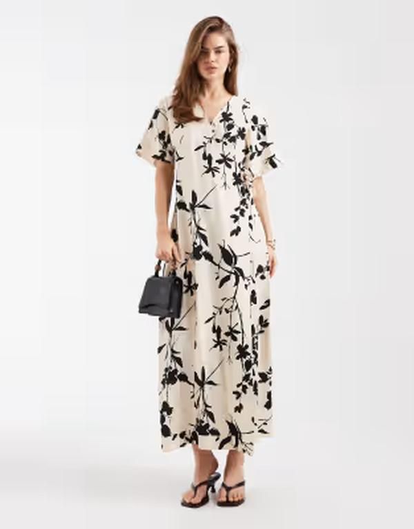 オブジェクト レディース トップス ワンピース フラワー柄 プリント コントラスト フラワー Object long midaxi wrap dress in contrast floral print Sandshell