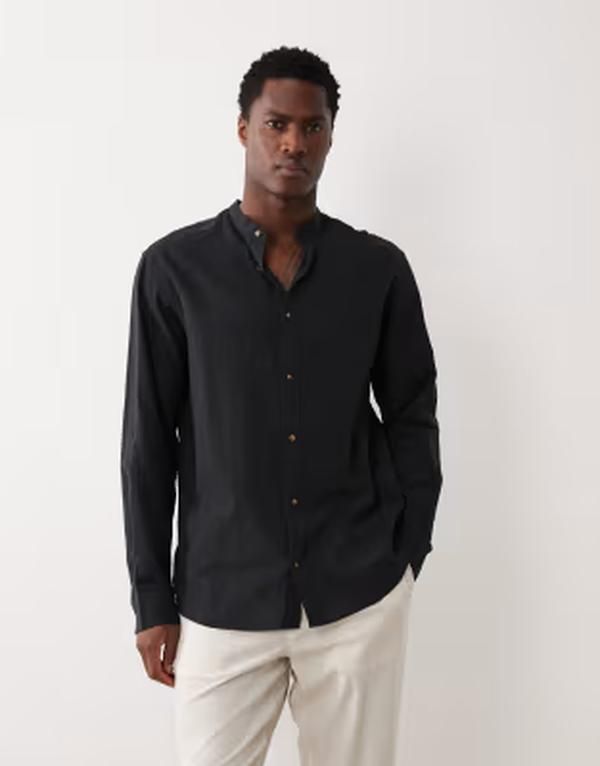 ジャック アンド ジョーンズ メンズ トップス シャツ リネン Jack Jones grandad collar linen blend long sleeve shirt Black ブラック
