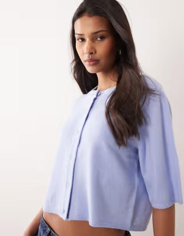 オブジェクト レディース アウター カーディガン ニット Object short sleeve knit cardigan in sky Winter sky ブルー