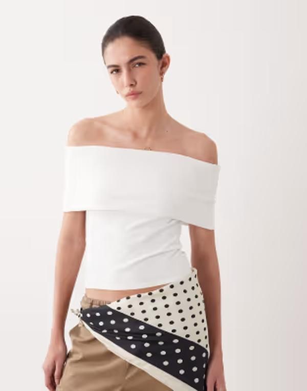 エイソス レディース トップス Tシャツ ASOS DESIGN off the shoulder fold over top WHITE ホワイト