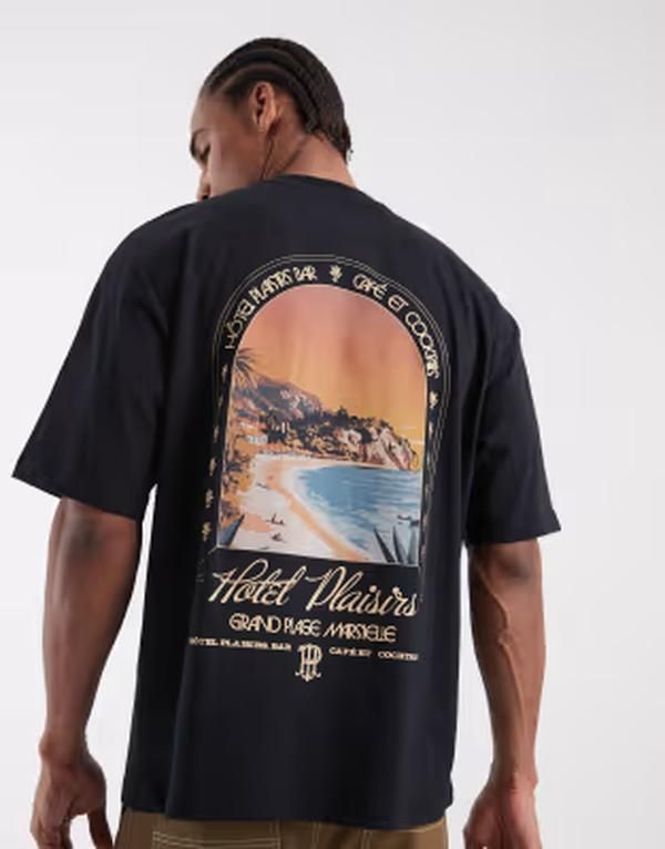 エイソス メンズ トップス Tシャツ グラフィック ASOS DESIGN oversized tshirt with beach graphic Black ブラック