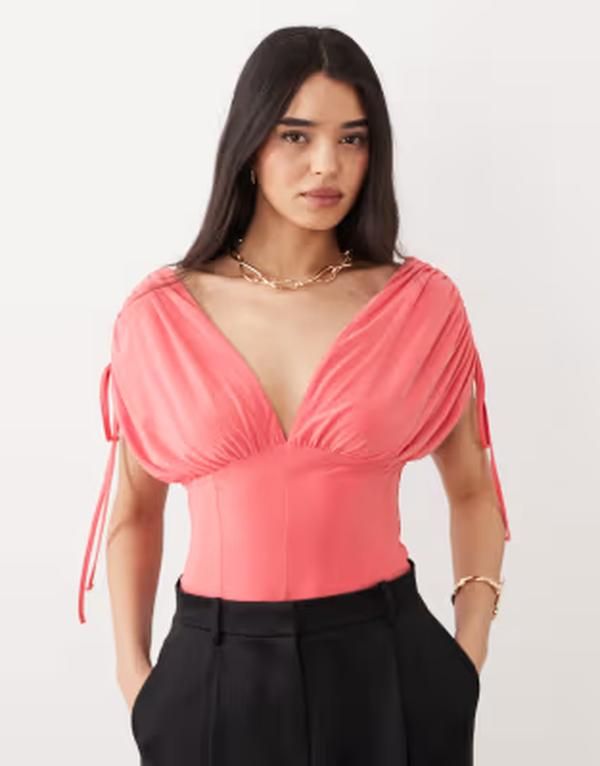 エイソス レディース トップス シャツ ギャザー ASOS DESIGN deep ruched off the shoulder top in coral コーラル
