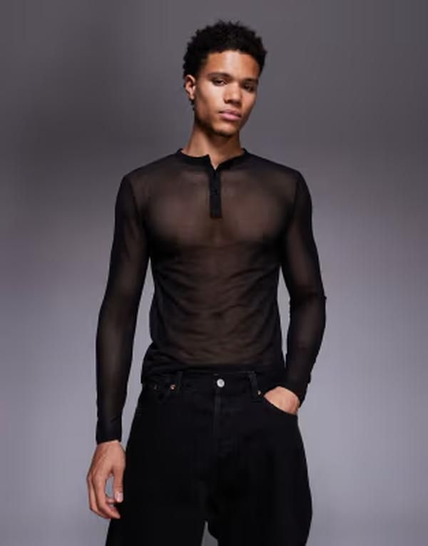 エイソス メンズ トップス Tシャツ ヘンリーネック メッシュ ASOS DESIGN muscle fit long sleeve Tshirt withenley neck mesh Black ブラック