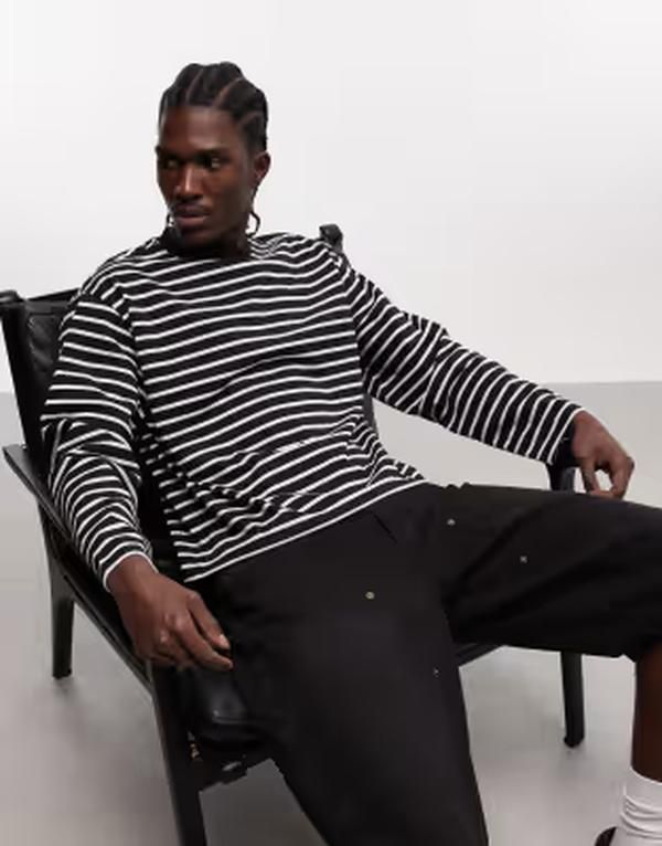 コルージョン メンズ トップス Tシャツ COLLUSION heavyweight striped long sleeve boxy Tshirt Black ブラック