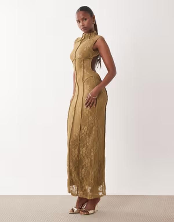 エイソス レディース トップス ワンピース レース マキシ ASOS DESIGN lace paneled column maxi dress in bronze