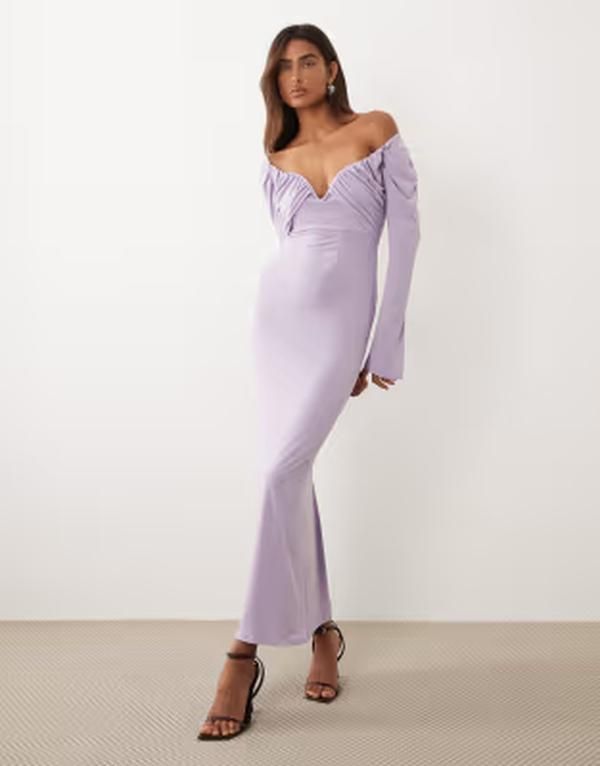 エイソス レディース トップス ワンピース ミディ ASOS DESIGN slinky bardot midi dress with wired bust in lilac ライラック