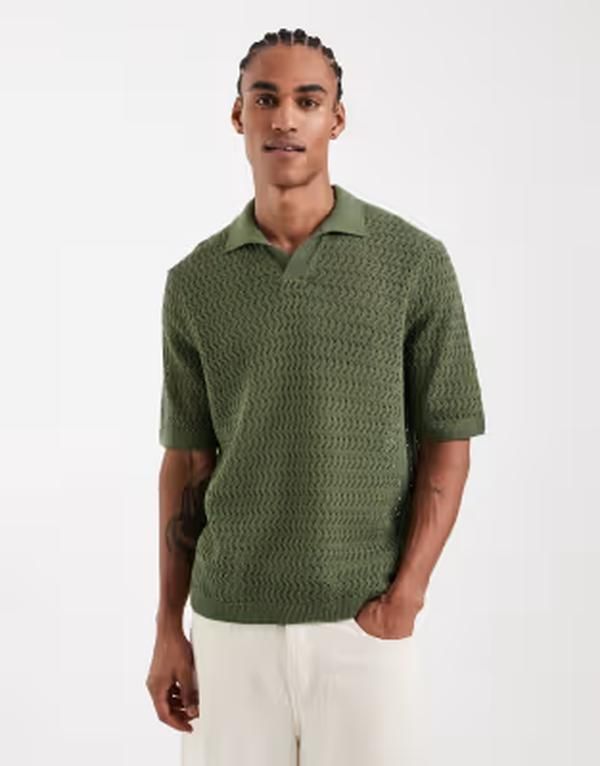 オンリーアンドサンズ メンズ トップス ポロシャツ ニット ONLY SONS open knit split neck polo shirt Kombu green グリーン
