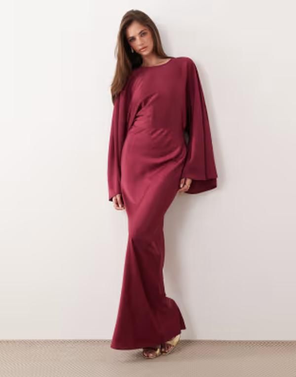 エイソス レディース トップス ワンピース サテン マキシ ASOS DESIGN textured satin batwing bias waisted maxi dress in raspberry