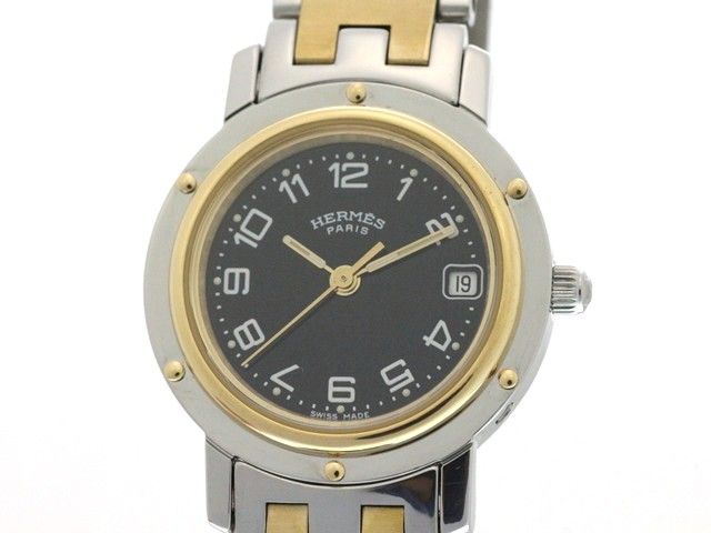 HERMES エルメス クリッパーコンビ CL4.220 腕時計 ステンレス/GP ブラック文字盤 レディース【473】
