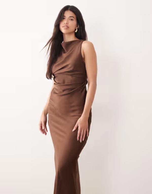 エイソス レディース トップス ワンピース ドレープ サテン マキシ ASOS DESIGN satin drape bodice maxi dress with cowl back detail in chocolate チョコレート