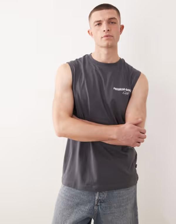 オンリーアンドサンズ メンズ トップス ベスト プリント ONLY SONS oversized tank with mirrorball back print in charcoal Gray Pinstripe グレー