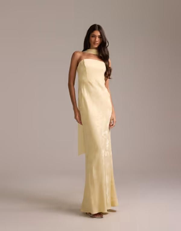 エイソス レディース トップス ワンピース ASOS DESIGN bridesmaids jacquard cami dress with scarf in pale yellow Pale yellow イエロー