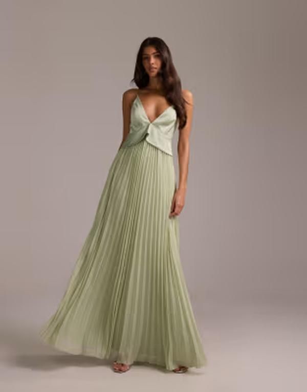 エイソス レディース トップス ワンピースカート マキシ ASOS DESIGN bridesmaids hybrid cami maxi dress with pleat skirt in sage GREEN グリーン
