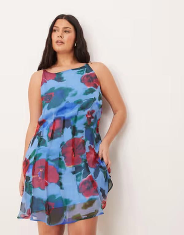 エイソス レディース トップス ワンピース フラワー柄 ミニ フラワー ASOS Curve ASOS DESIGN Curve slash neck seamed godet mini dress floral Blue floral ブルー